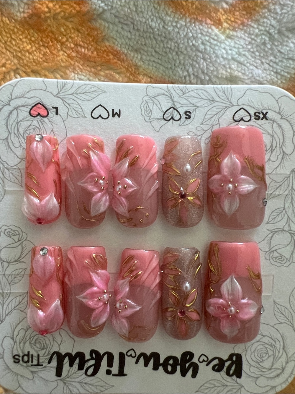 Floral Pink Press-On Nail Set with 3D Flower Accents size large new.